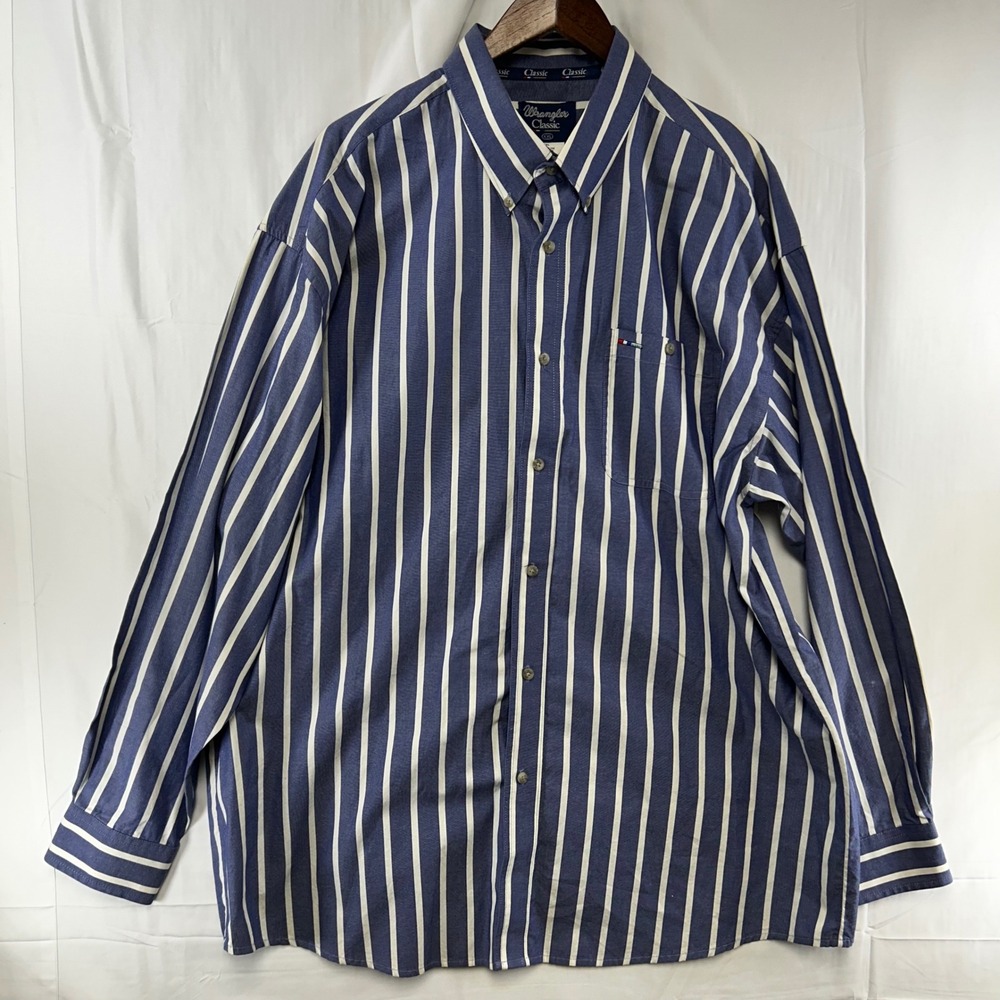 Wrangler Button-Down Shirt Mens XXL Blue Striped Long Sleeve MJ7712M